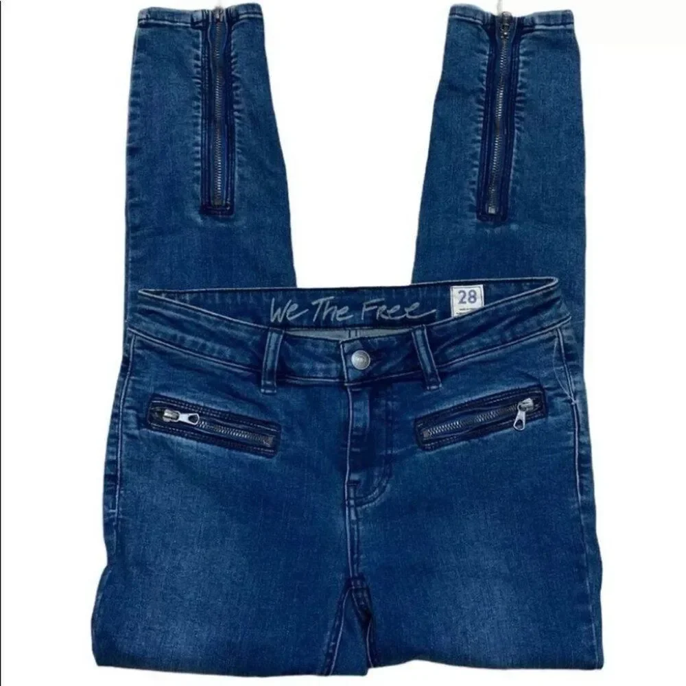 Free People We The Free Size 28 Dark Wash Skinny Jeans Zip Pockets Ankle Zips
